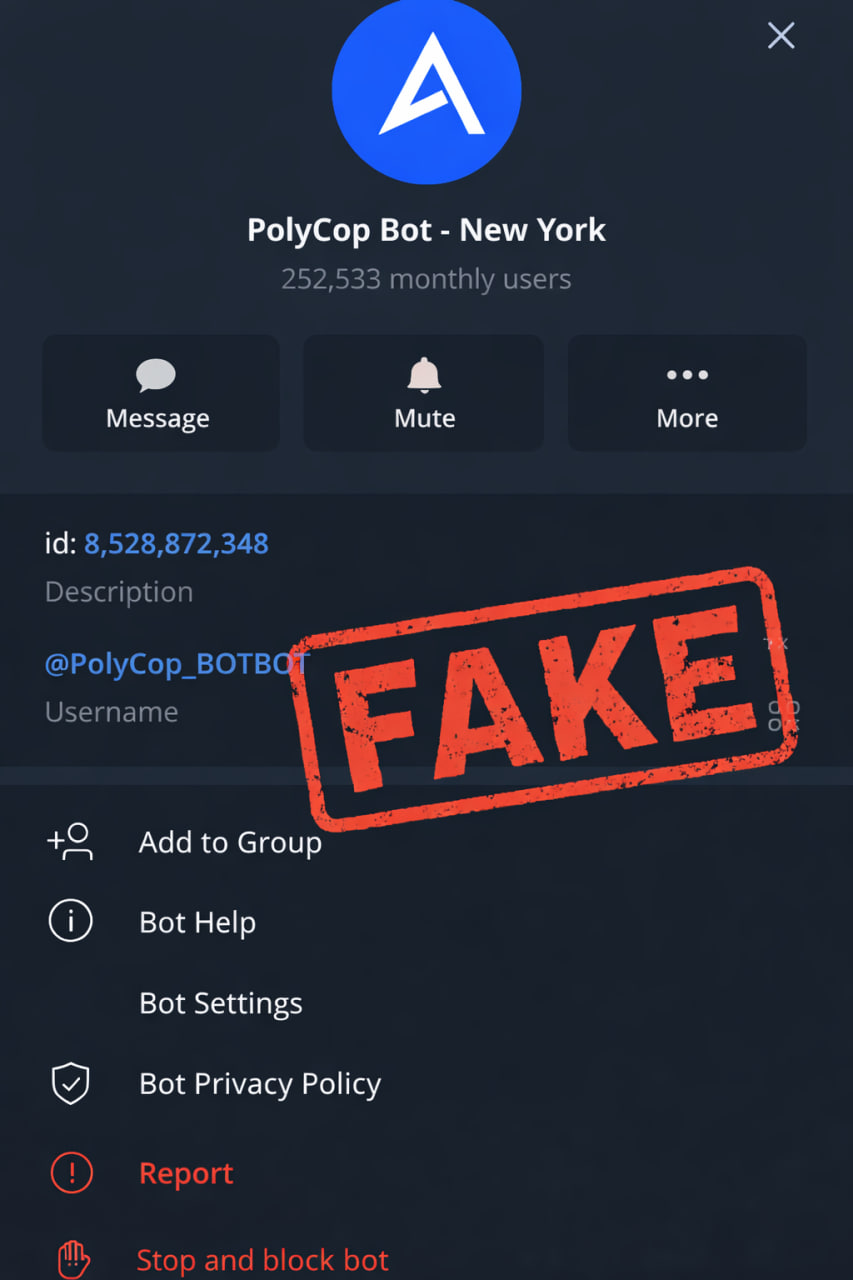 Example of a fake PolyCop Telegram bot impersonator